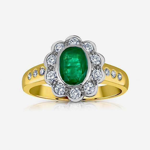 18ct Gold 0.30ct Diamond 0.75ct Emerald Cluster Ring - BARRETT JEWLLERY