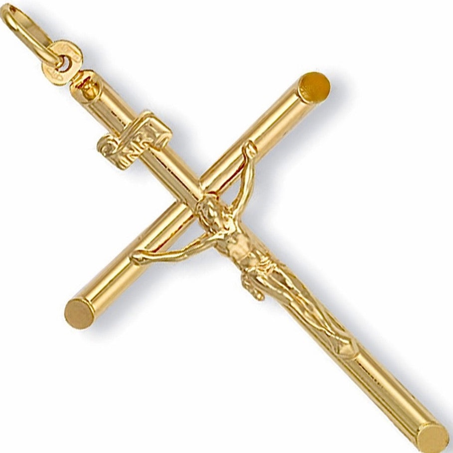 9ct Gold Large Round Tube Crucifix Pendant - BARRETT JEWELLERY