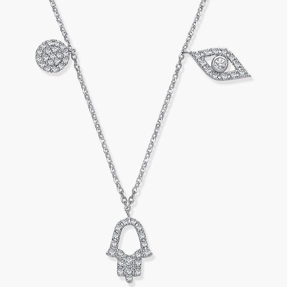 9ct White Gold Diamond Hasma , Evil Eye & Circle of Life Pendant & Adjustable Necklace-BARRETT JEWELLERY